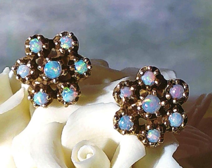 Opal Earrings - 14K Yellow Gold Opal Flower Cluster Stud Earrings – Crown Mountings – Womens Earrings – Butterfly Backs – Vintage Earrings