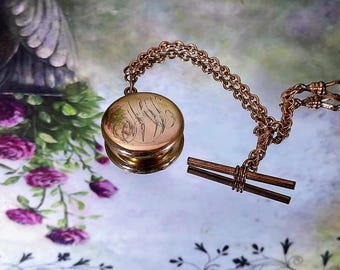 Catena da orologio da tasca Albert vittoriano riempita in oro 14 carati con medaglione