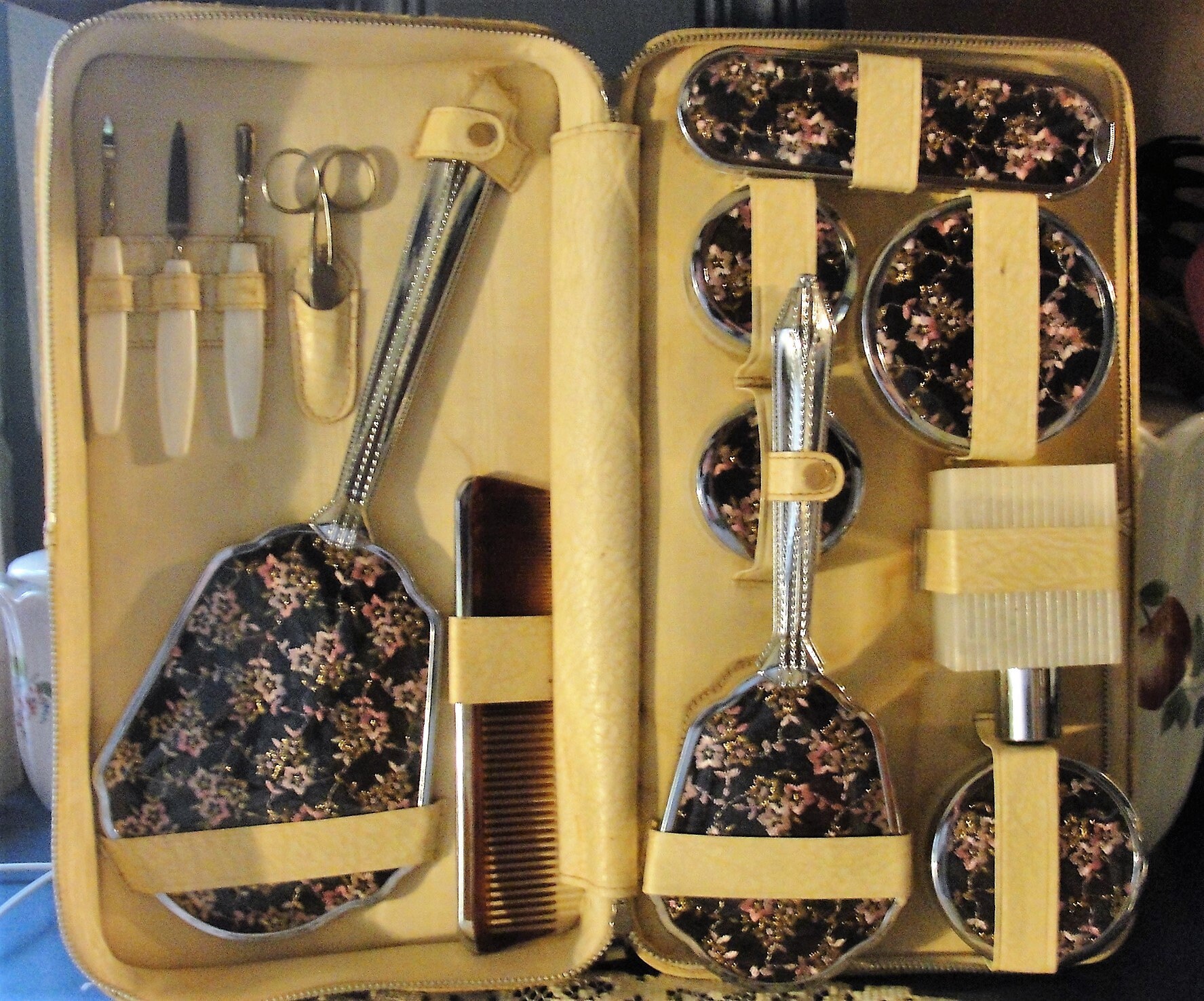 Vanity Set, 13 Piece Vanity Set w/ Traveler’s Case, Black & Pink Floral Motif, Silver Metal, Off