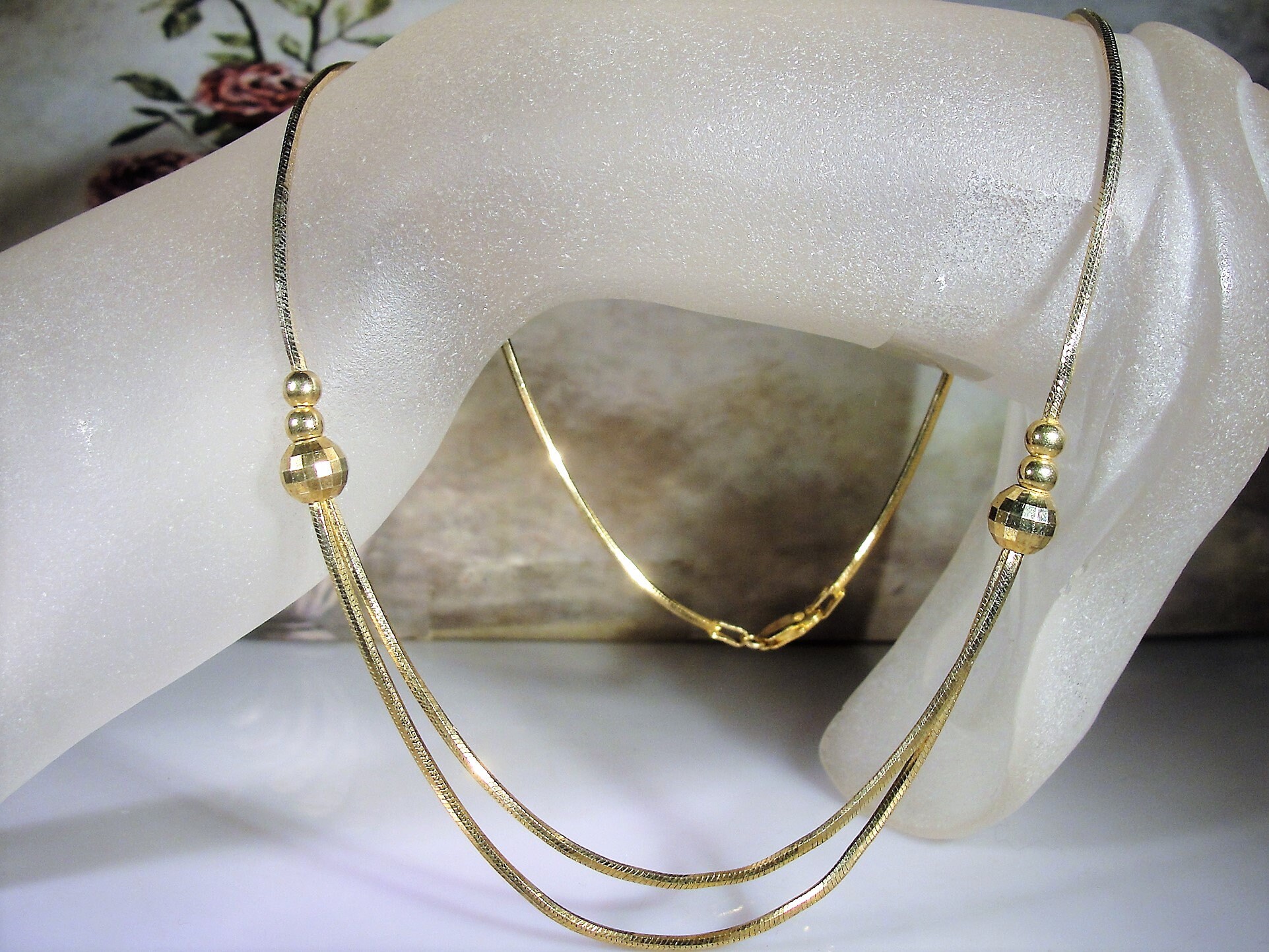 MILOR Necklace, Italian Gold Vermeil Double Strand Snake Chain with Gold Decorative Beads 