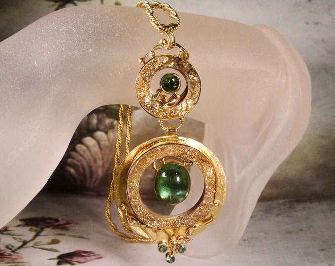 Jennifer Kalled, Abstract Pendant, 18K Gold Abstract Pendant, Tourmaline Cabochon Pendant, Artisan Pendant, Avant-Garde, Vintage Pendant