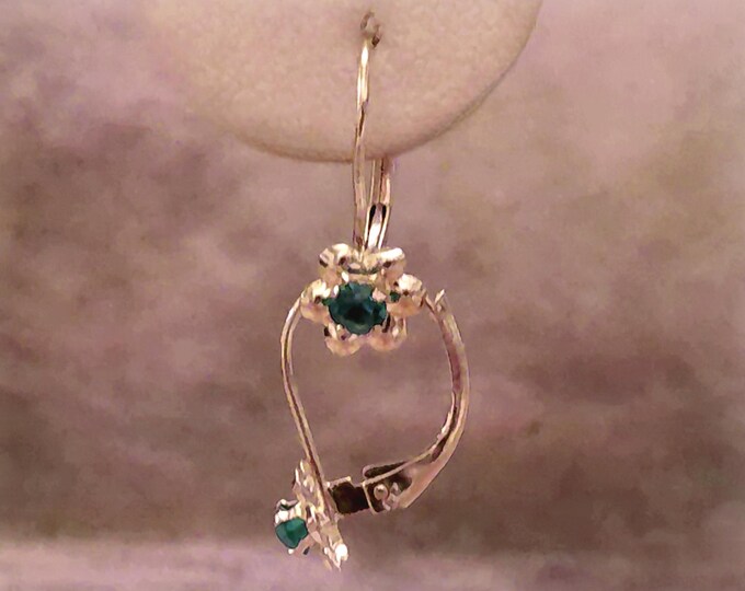 Teal Gemstone Flower Earrings – 10K White Gold Bluish-Green Synthetic Gemstone Latch Back Earrings – Floral Earrings – Vintage Earrings