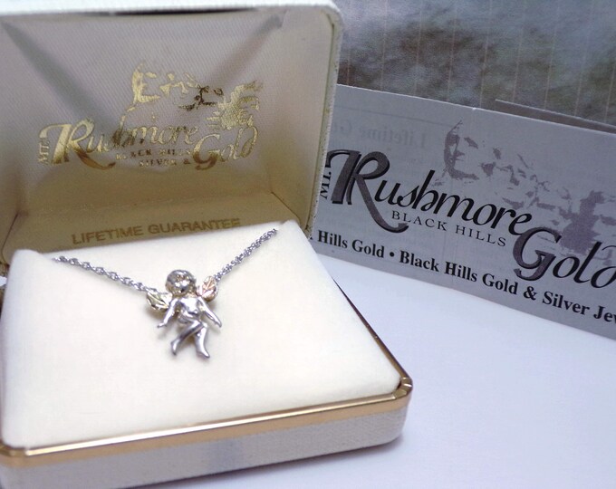 Rushmore Black Hills Gold Cherub Angel Necklace – Sterling Silver and 12K Yellow and Rose Gold – 18" Sterling Chain – Vintage Angel Necklace