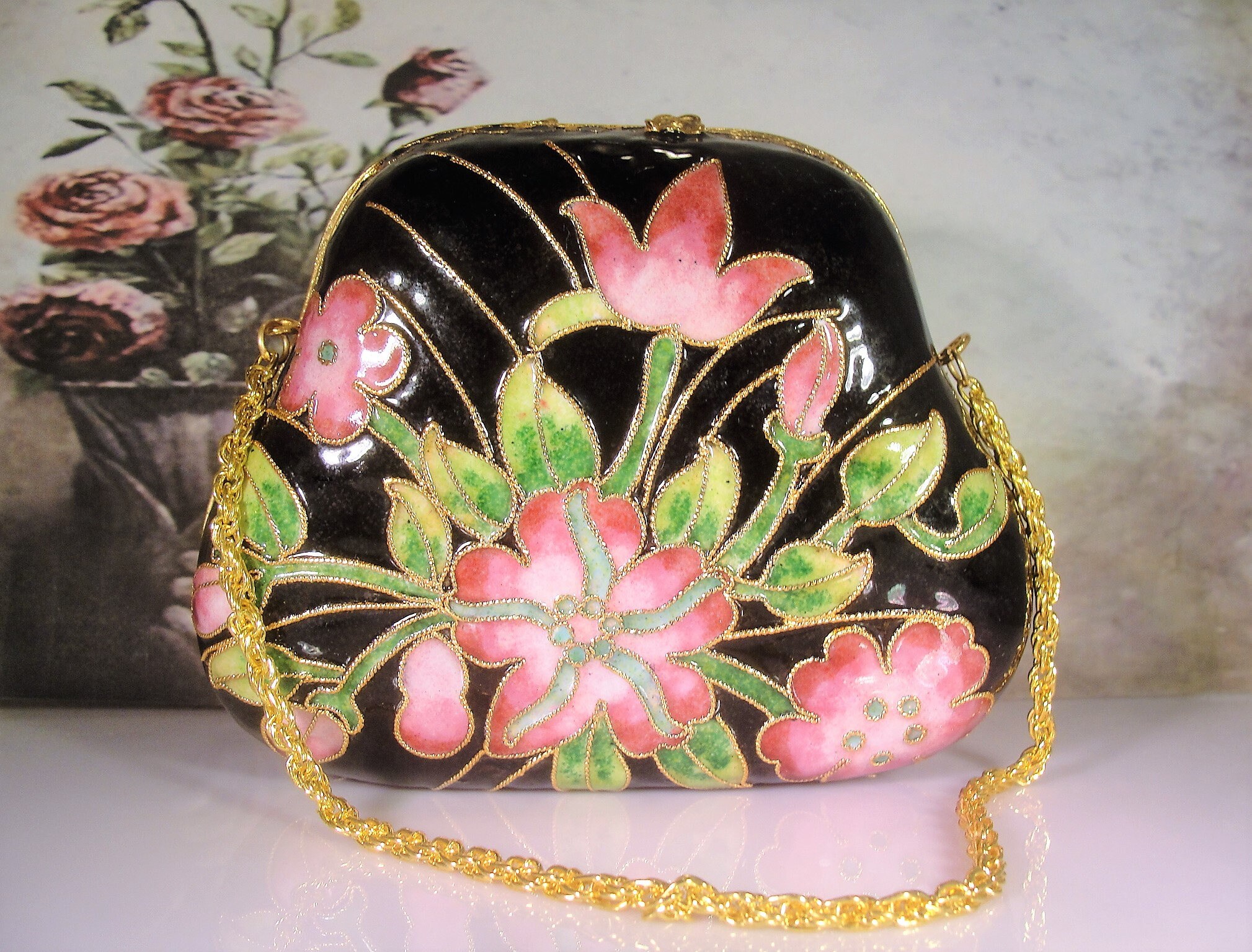 Cloisonné Pink Green and Black Purse, Vintage Floral Cloisonné Enamel