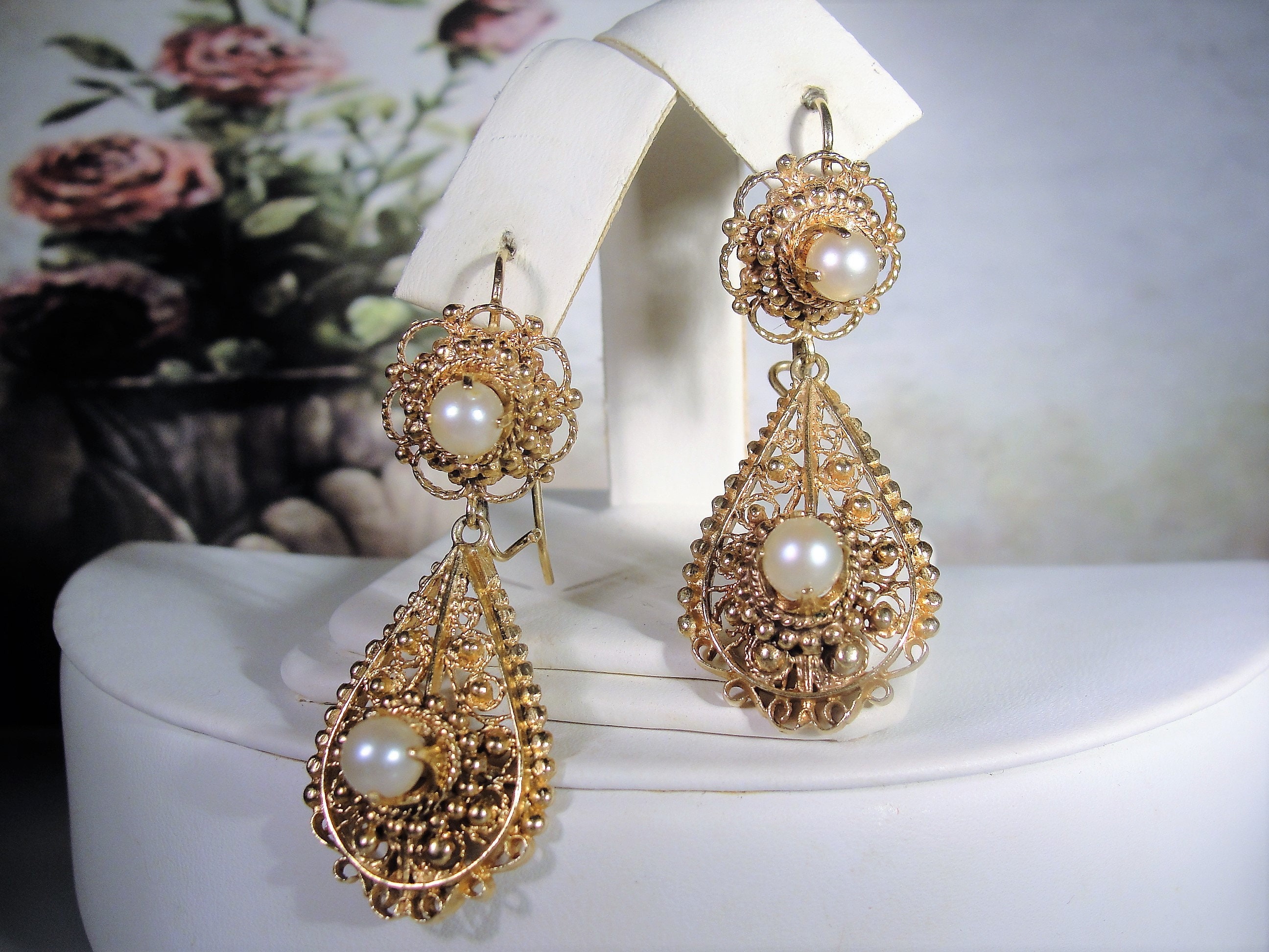 14K Yellow Gold Intricate Filigree Pearl Chandelier Earrings, Drop