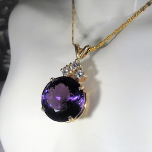 Amethyst & Diamond Pendant, 14K Yellow Gold Purple Amethyst and Diamond Pendant, Natural Amethyst and Diamonds, Vintage Pendant image 5