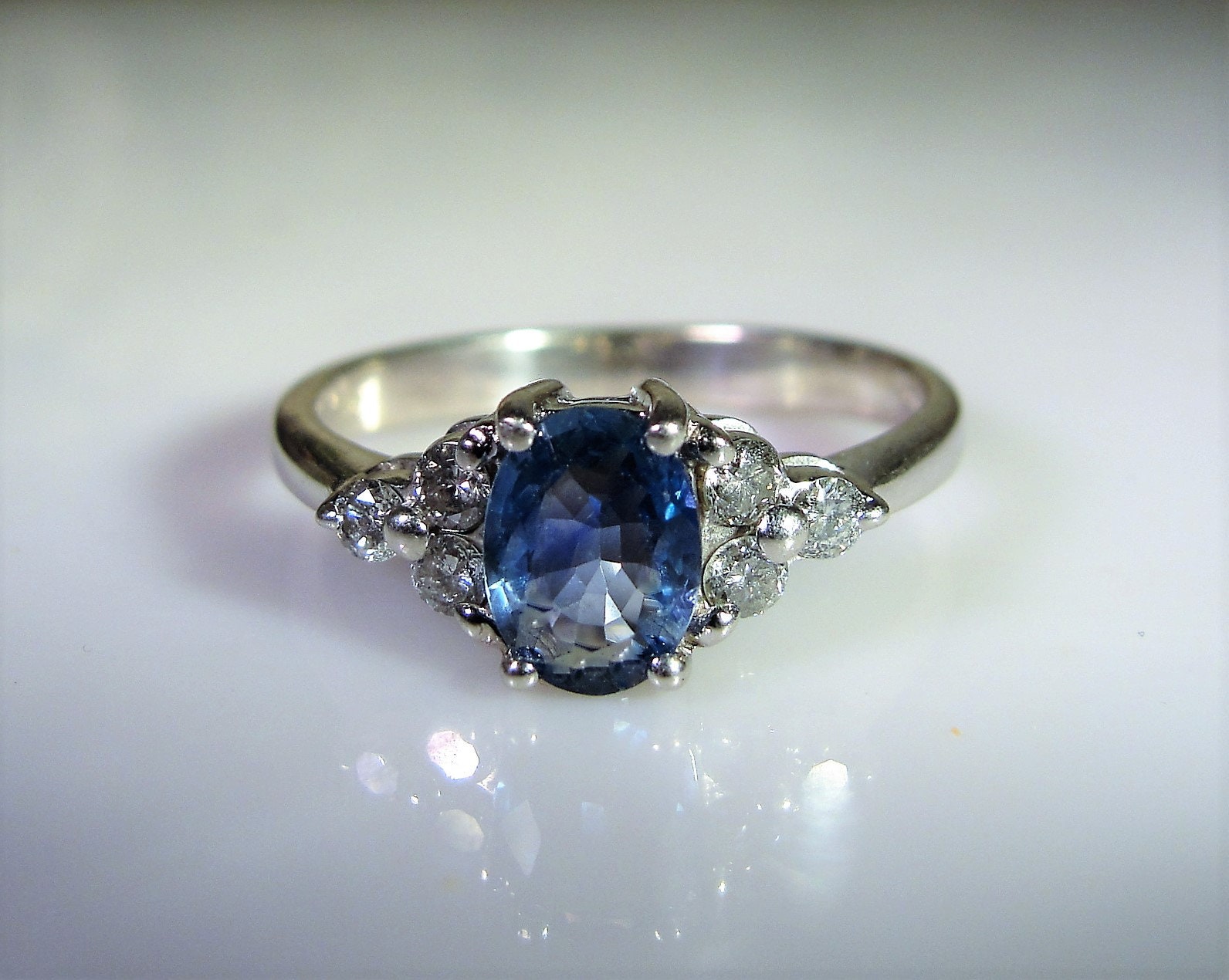 14K White Gold Blue Ceylon Sapphire and Diamond Ring, Sapphire and ...