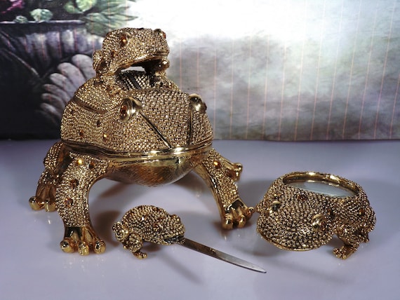 Vintage Bombay Company Brass Frog Desk Set: Bejeweled Trinket Box