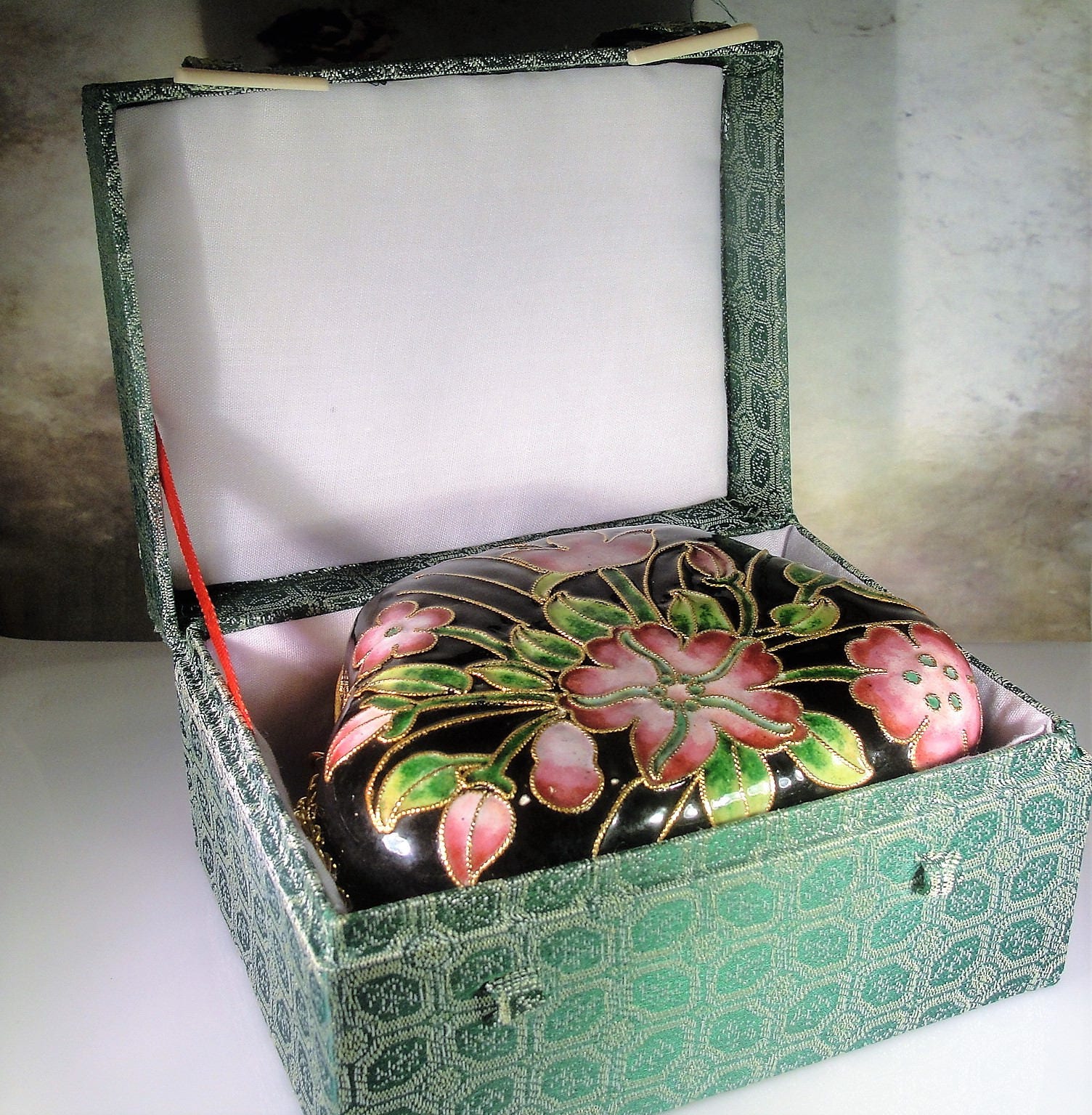 Cloisonné Pink Green and Black Purse, Vintage Floral Cloisonné Enamel