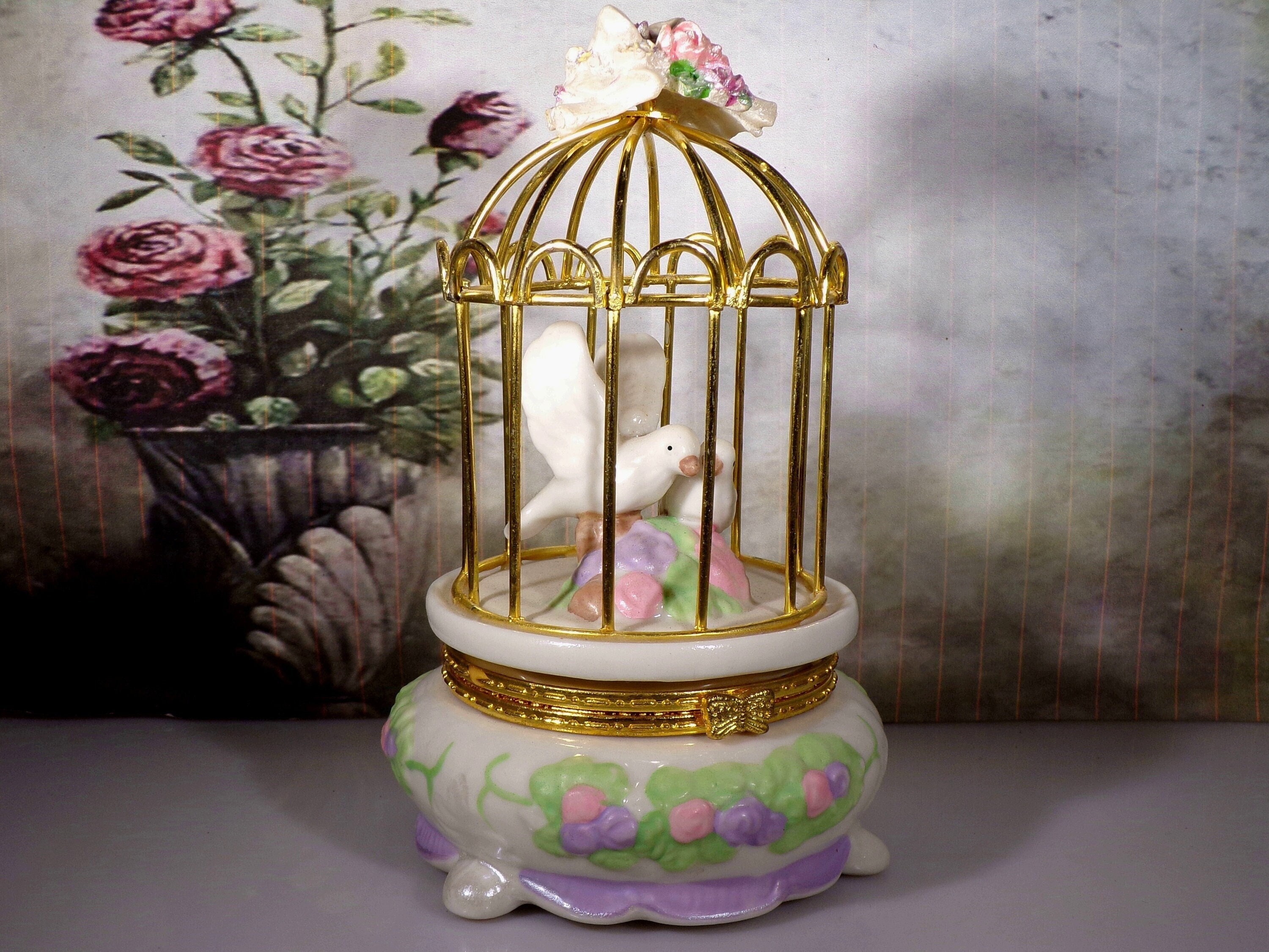 Ceramic Trinket Box Bird Cage with Two Porcelain Love Birds Ring