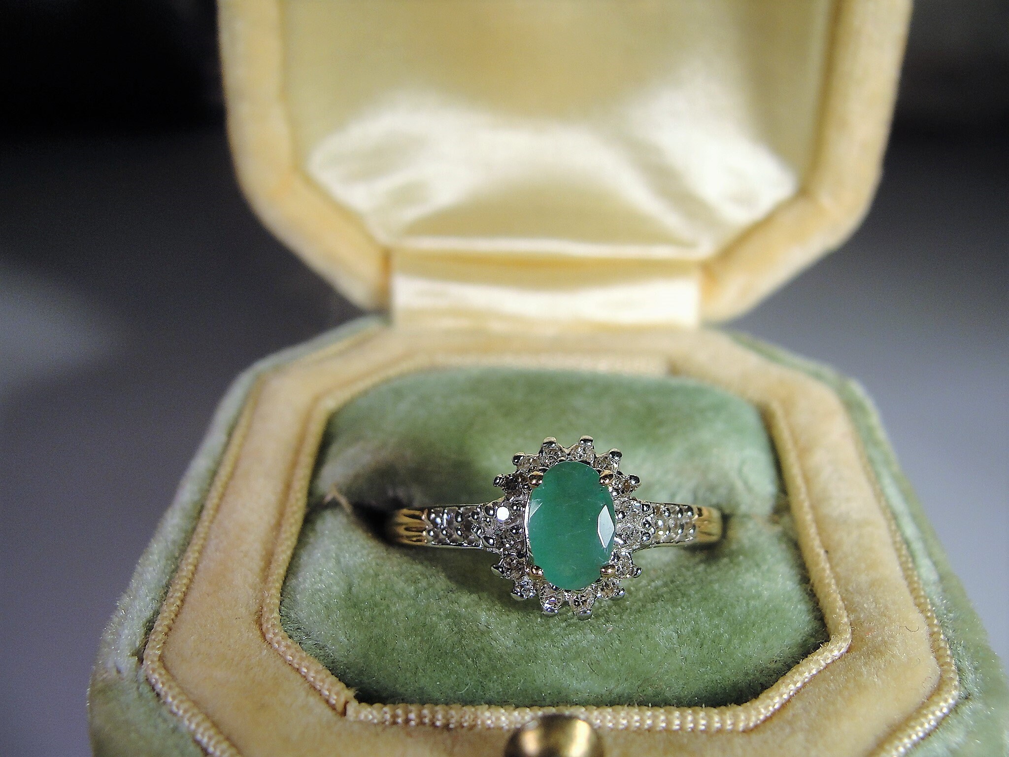 10K Green Emerald and Diamond Ring, Oval Emerald Ring, Genuine Emerald ...