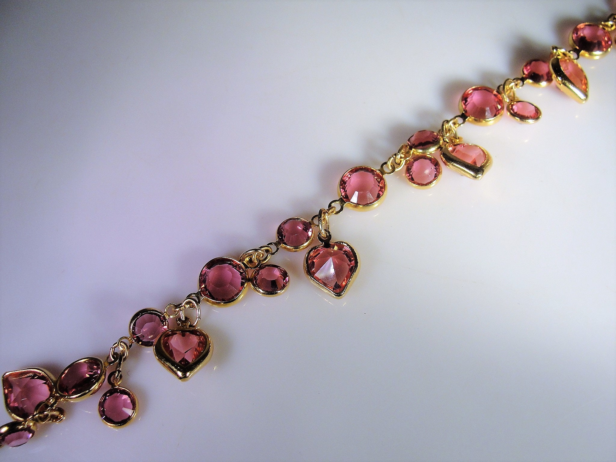 Swarovski Bezel Set Rosy Pink Heart Crystal Gold Link Charm Bracelet ...