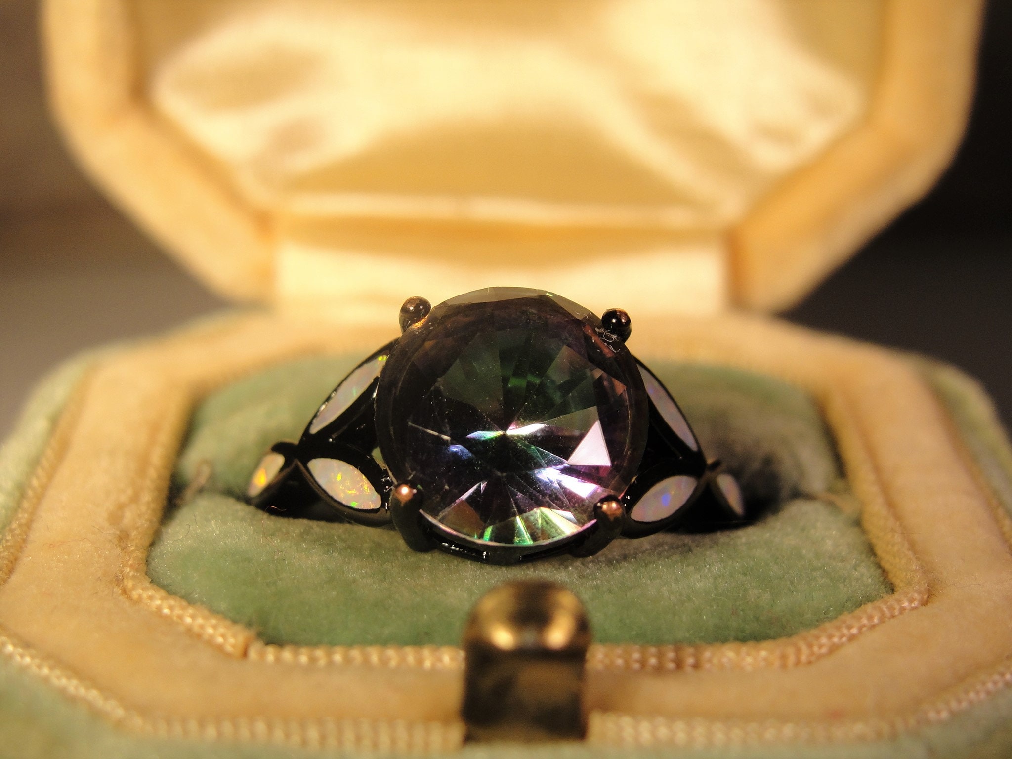 10K Mystic Topaz Ring, Gunmetal Rhodium Plated, Opal Inlay, Synthetic