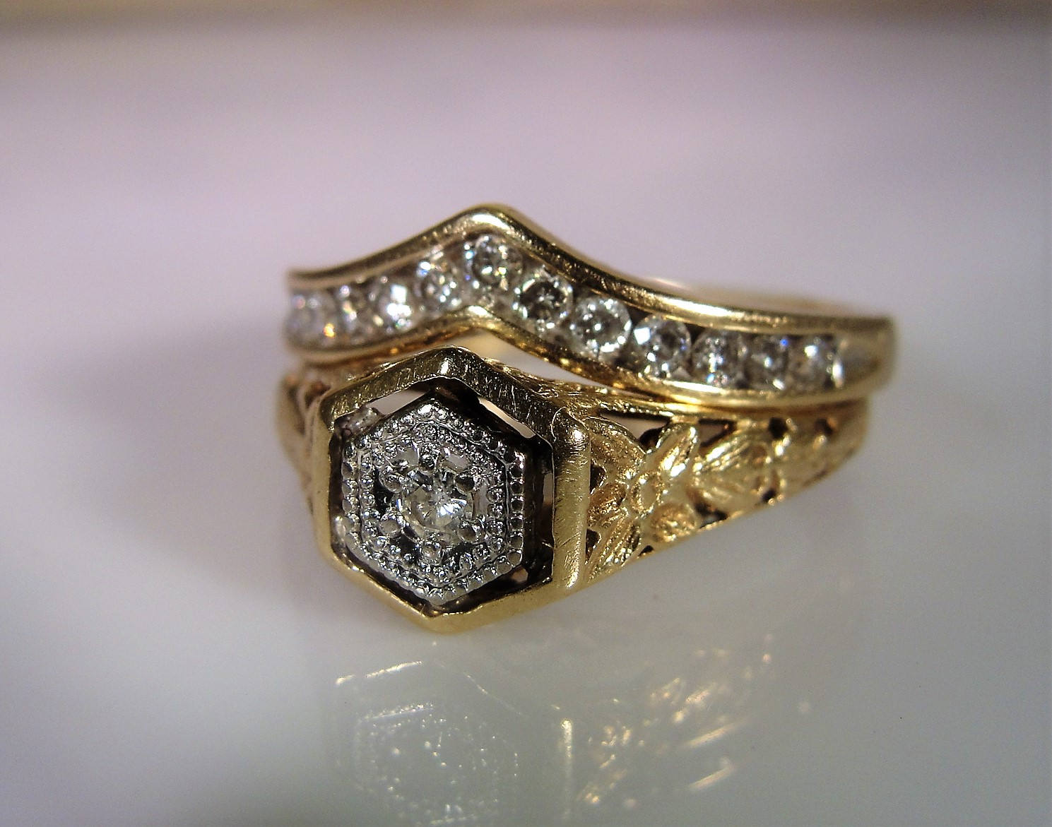 Art Deco Bridal Ring Set, Wedding Rings Set, 10K Gold, Engagement Ring
