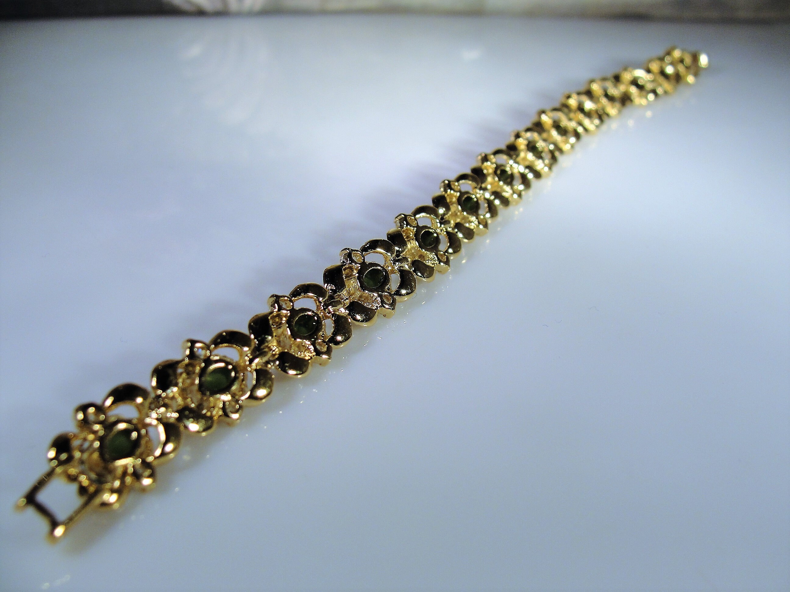 Green Jade Cabochon and Clear Crystal Link Bracelet, Jade Bracelet