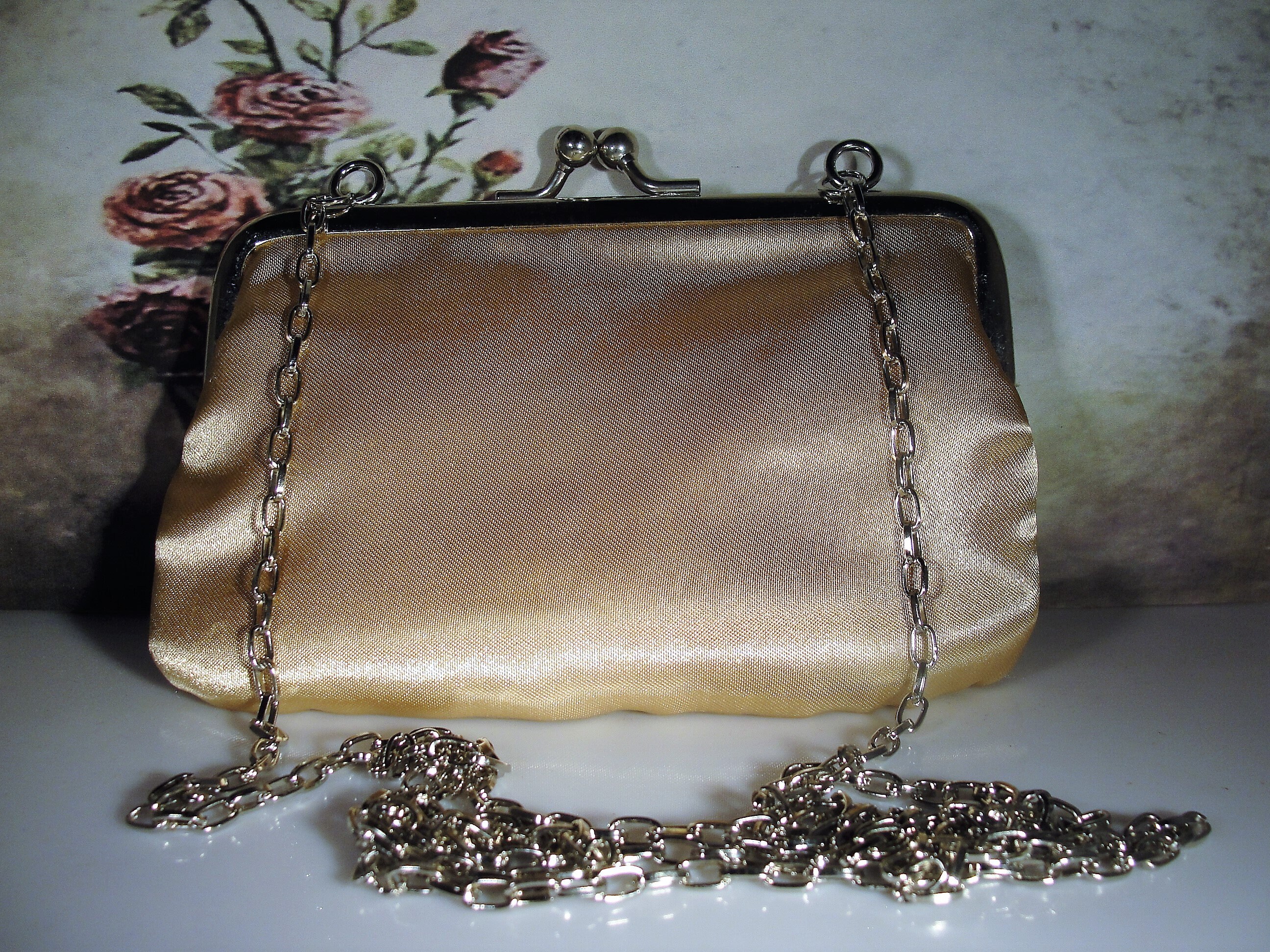 Purse Set, Vintage Gold Satin Purse with Matching Sash Scarf and Brooch Set