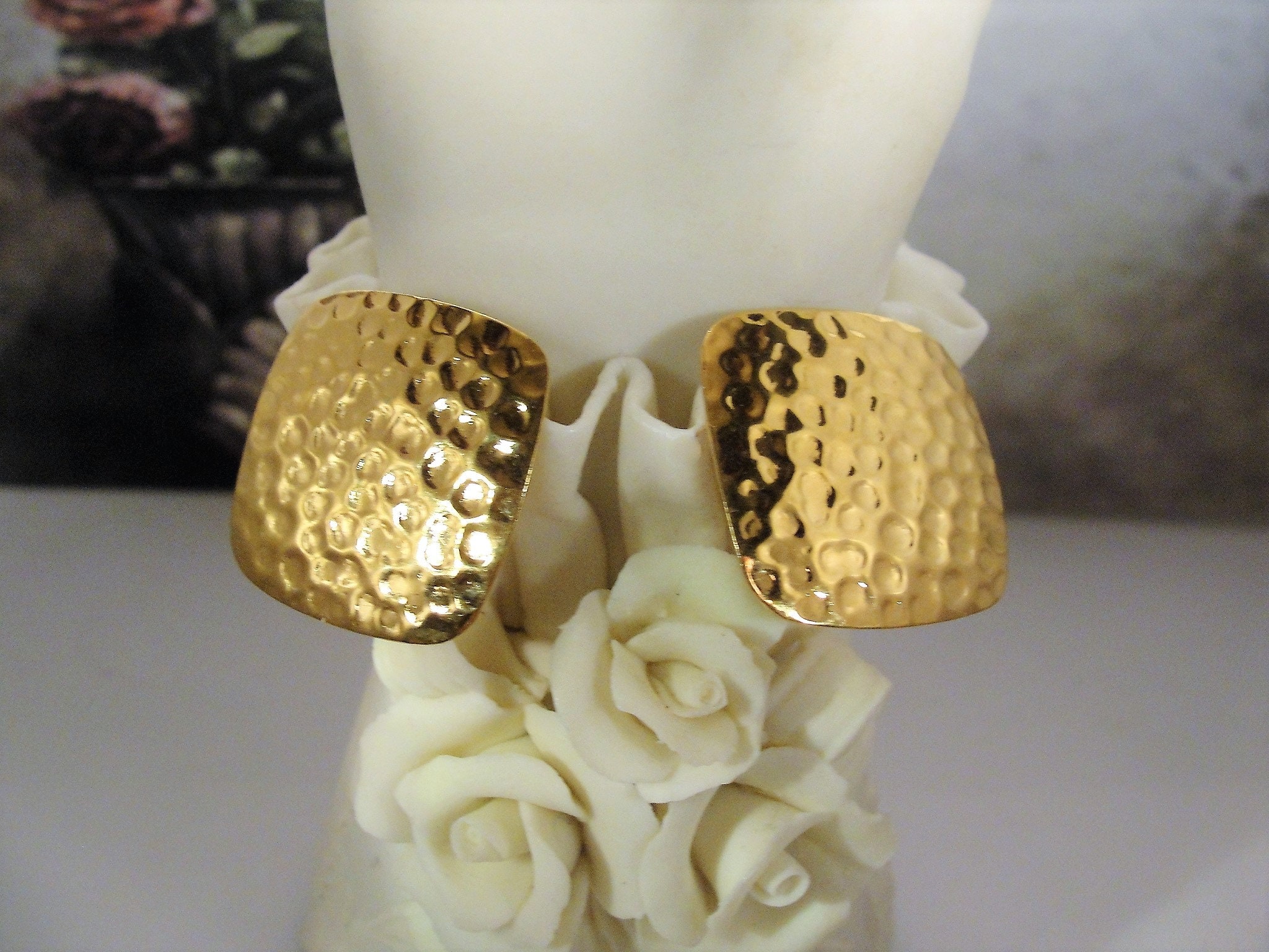 14K Yellow Gold Hand Hammered Square Earrings, Pierced Earrings, Stud