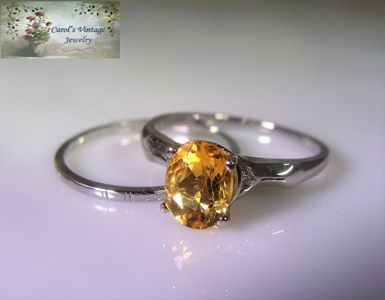 18K Bridal Ring Set, White Gold Rings, Art Deco Wedding Ring Set