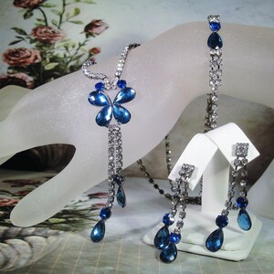 Jewelry Set - Blue Butterfly Jewelry Set - Necklace Bracelet and Earrings - Gunmetal Rhinestone Set - Vintage Jewelry Set - Mothers Day Gift