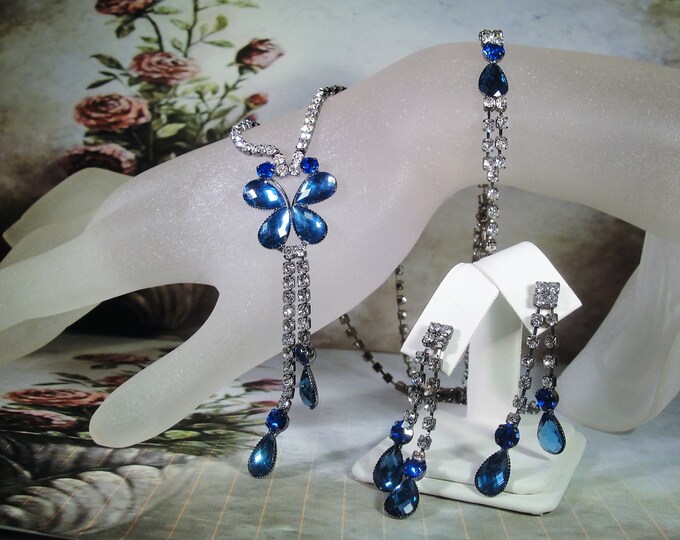 Jewelry Set - Blue Butterfly Jewelry Set - Necklace Bracelet and Earrings - Gunmetal Rhinestone Set - Vintage Jewelry Set - Mothers Day Gift
