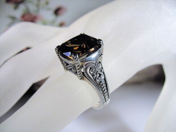 Art Deco Smokey Quartz Sterling Silver Ring, Natur