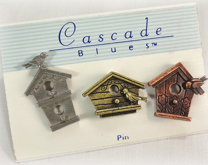 Whimsical Birdhouse Pins - Set of 3 - Pewter, Copper, and Brass Tones – Vintage Lapel Scatter Pins
