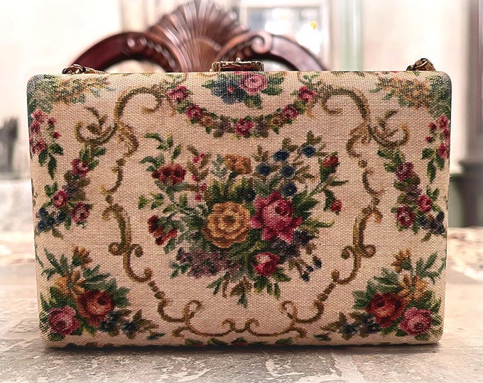 Evening Purse – Vintage Volupte Evening Tapestry Gold Hardware Frame Clutch Box Purse with Wristlet Snake Chain – Vintage 1950s Purse