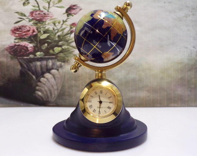 Semiprecious Stone Globe & Quartz Clock Accessory, Cobalt Blue Lapis Oceans, Opal Mother of Pearl Coral Jade Continents