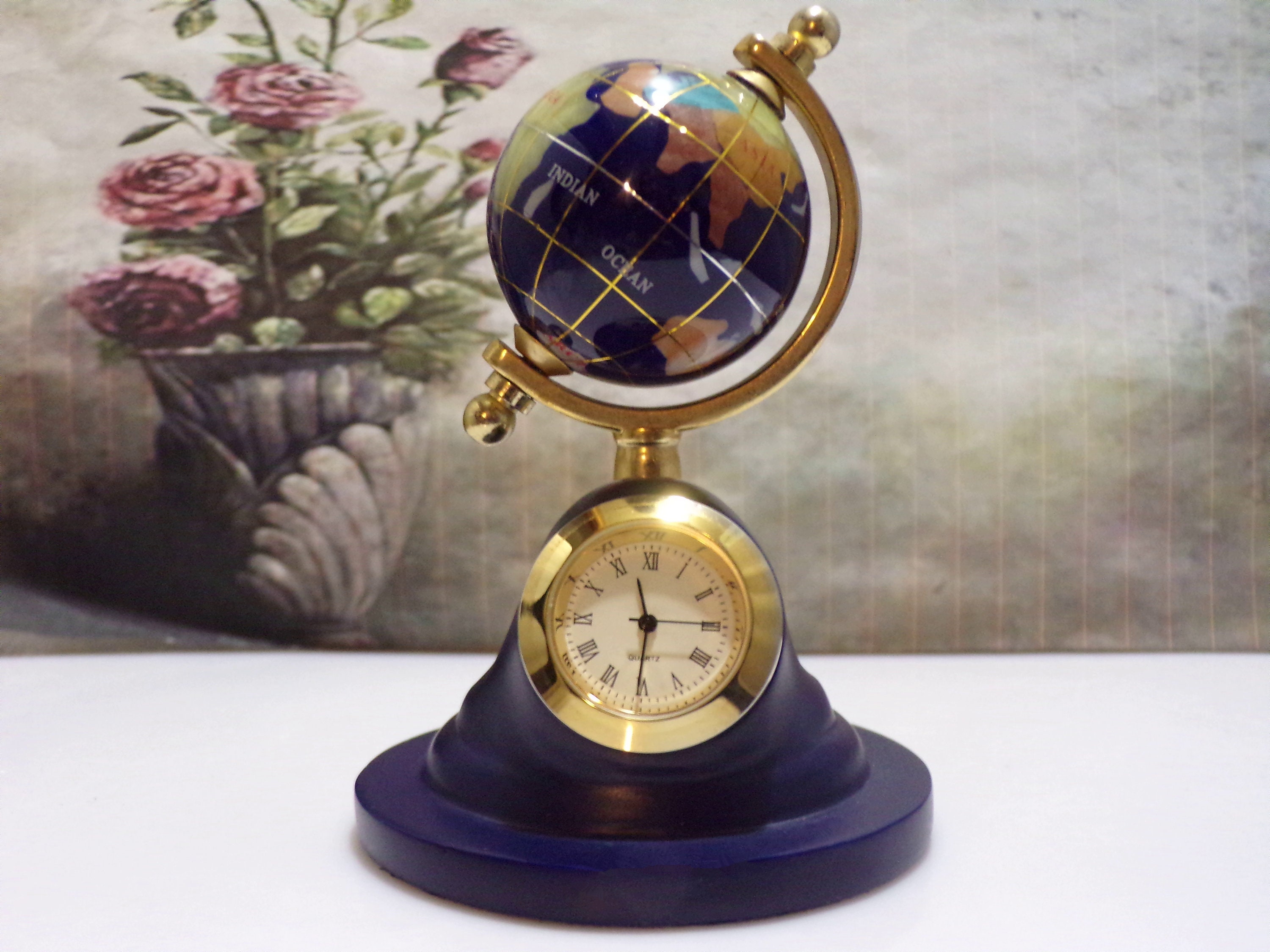 Semiprecious Stone Globe & Quartz Clock Accessory, Cobalt Blue Lapis