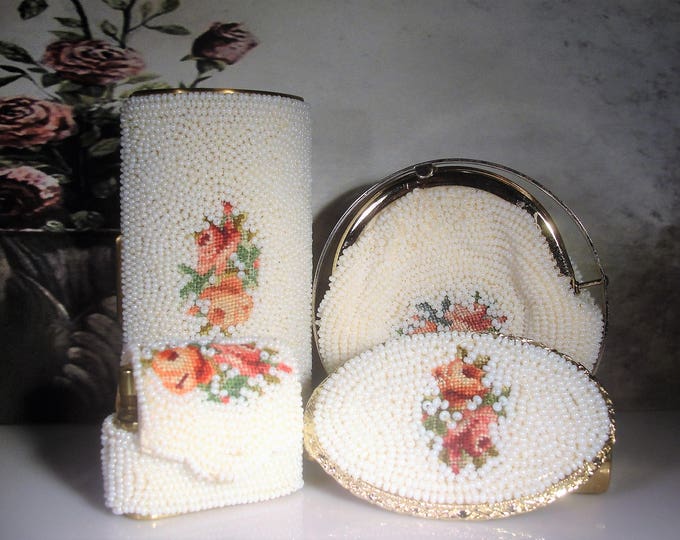 Schildkraut Bros, White Beaded Petite Point Compact Set, 4 Piece Set, Lighter, Coin Purse, Lipstick Holder, Oval Case, Vintage Compact Set
