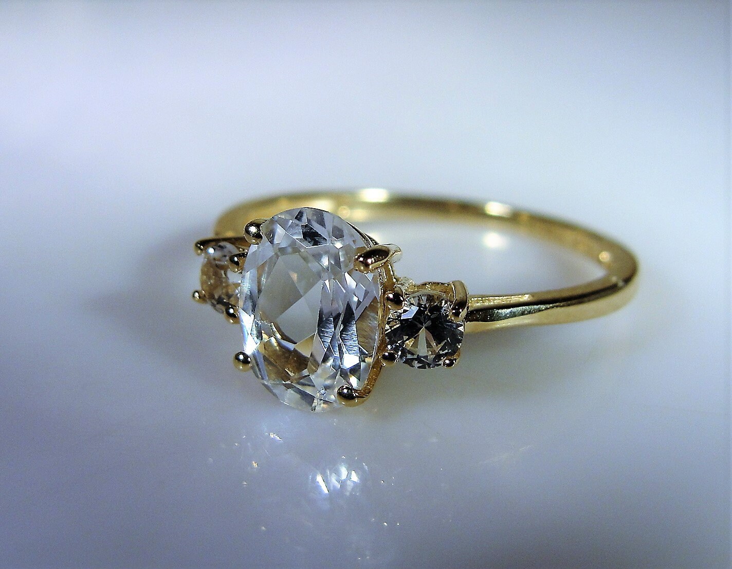 10K White Topaz Ring, 3 Stone Ring, 1.25CT Center Stone, Oval Cut Topaz