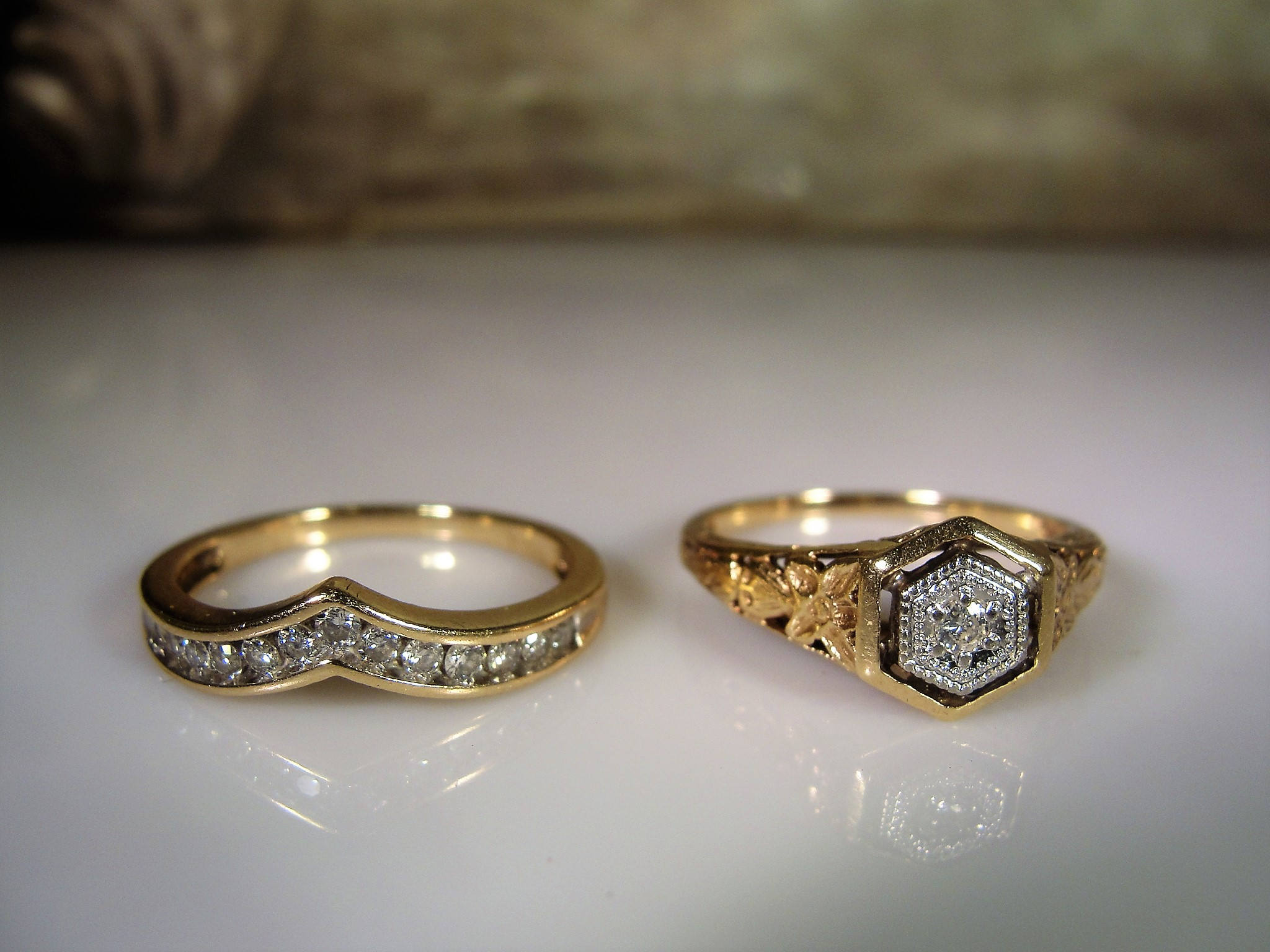 Art Deco Bridal Ring Set, Wedding Rings Set, 10K Gold, Engagement Ring - Chevron Wedding Band With Engagement Ring