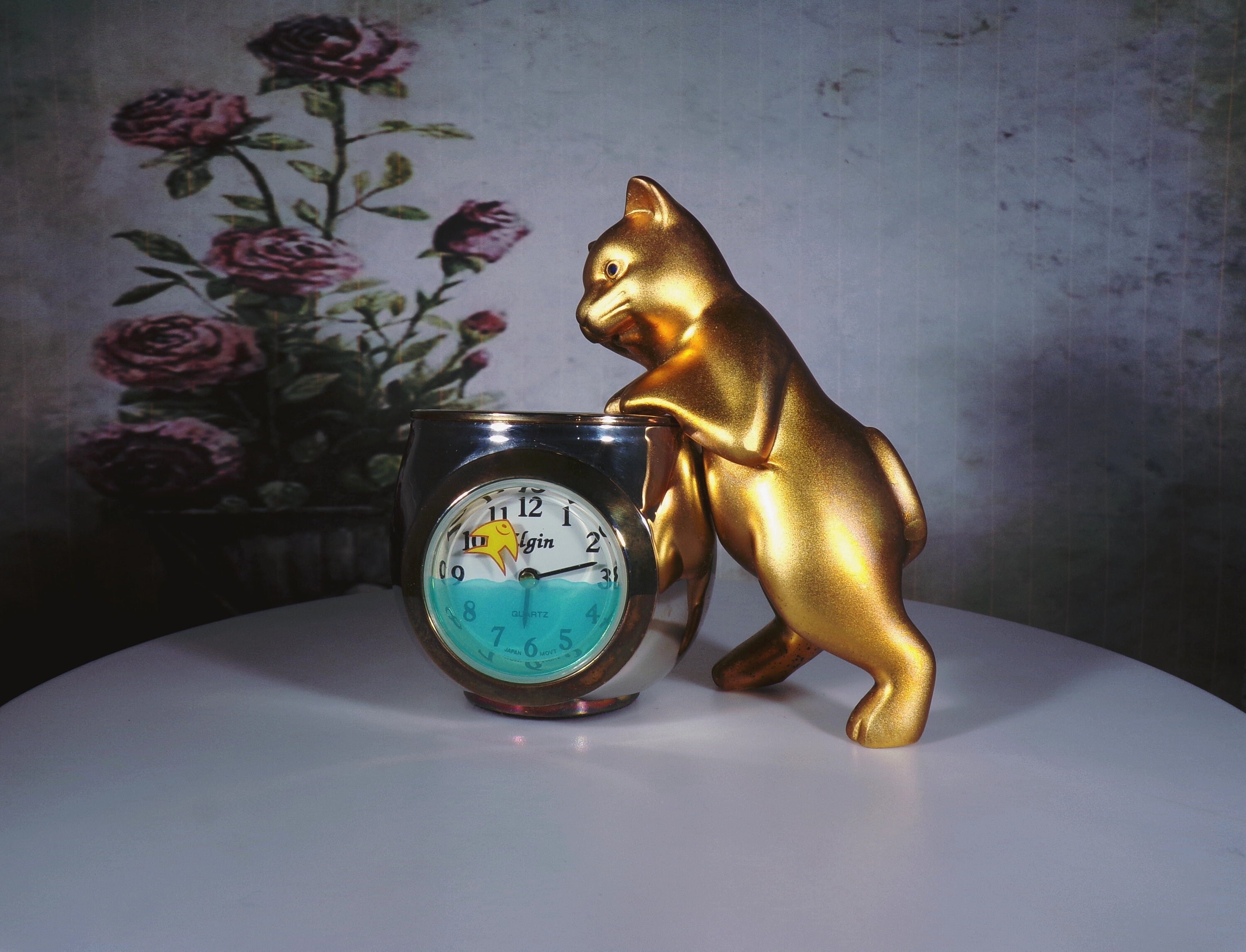 ELGIN Miniature Cat Clock, Gone Fishing Cat Clock, Kitty Mesmerized by
