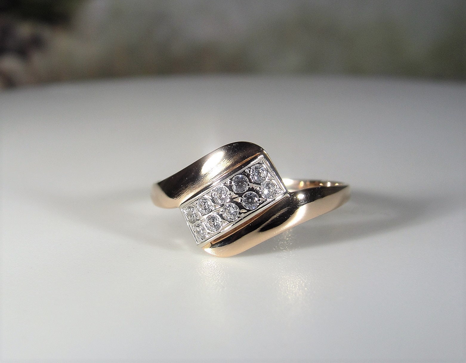 14K CZ Ring, 14K Rose Gold Cubic Zirconia Bypass Ring, Band Ring, Midi ...