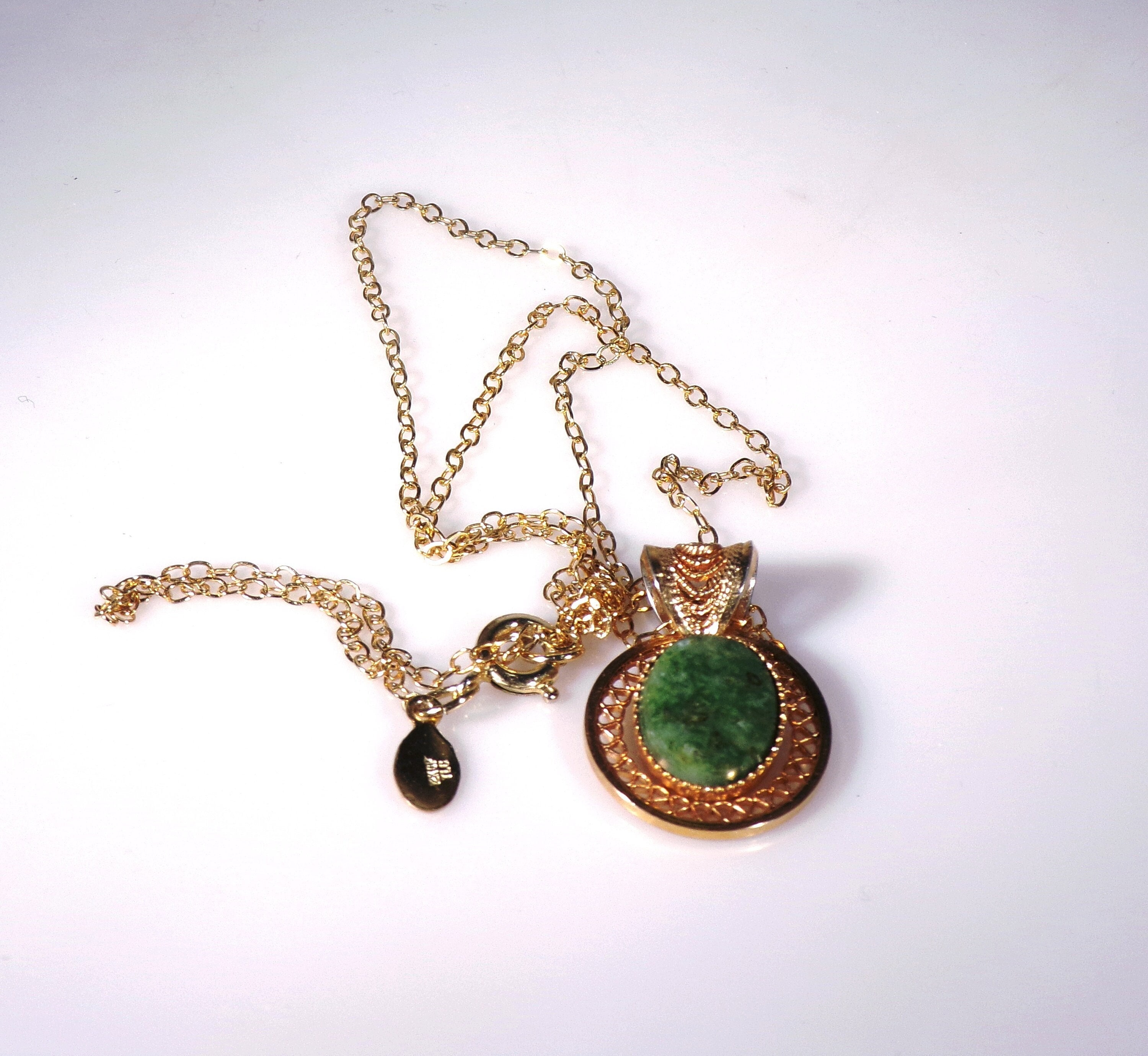 12K Gold Filled Green Jade Necklace, Genuine Oval Cut Jade Stone, 16