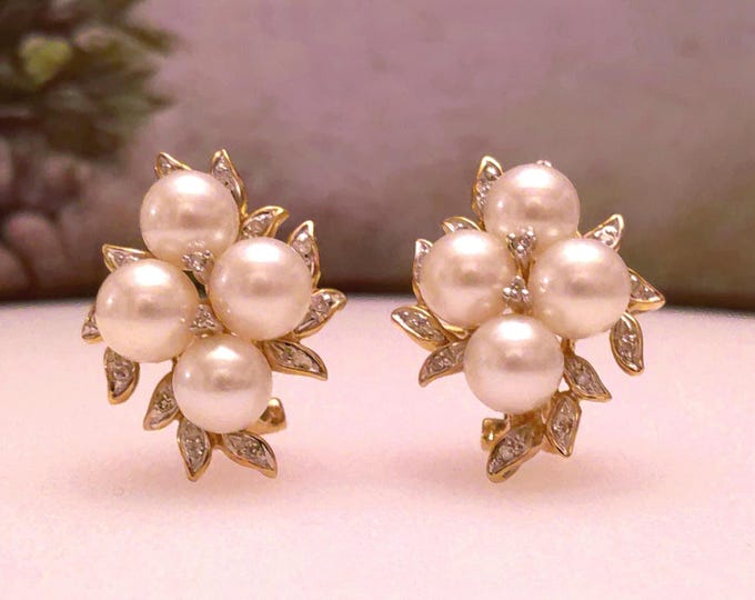 14K Pearl & Diamond Cluster Earrings – 14K Yellow Gold – Cultured Pearls - Genuine Diamonds – Bridal Earrings Gift – Vintage Earrings