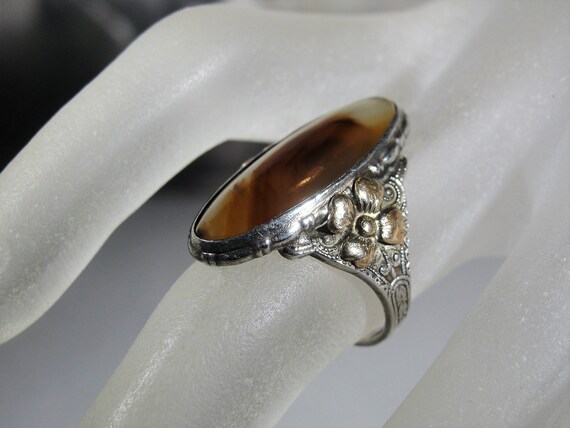 Agate Ring, Art Nouveau Sterling Silver and 10K Gold Filled Agate 