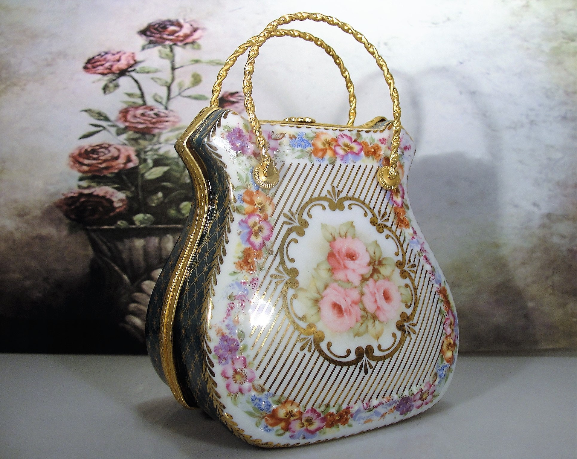 GANZ Porcelain Purse, Purse Trinket Box, Purse Pill Box, Porcelain