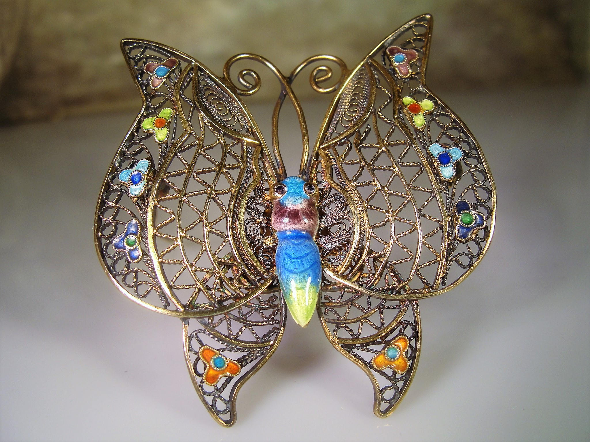 Butterfly Brooch, Gold Vermeil Filigree Butterfly Brooch, Enamel