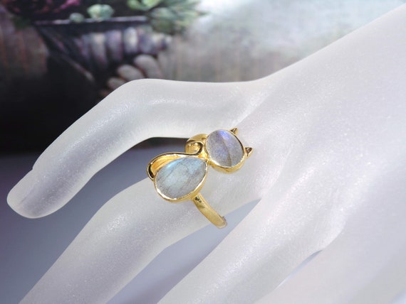 Labradorite Cat Ring – Gold Vermeil Bluish Gray C… - image 7