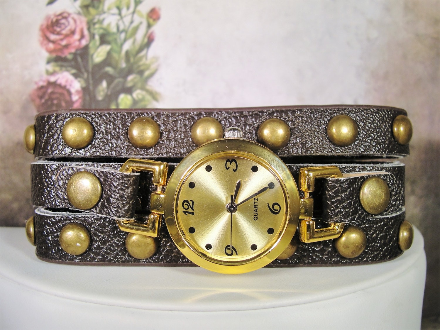 Women's Wrist Watch, Studded Wrist Watch, Gold Tone & Brass Watch, Faux