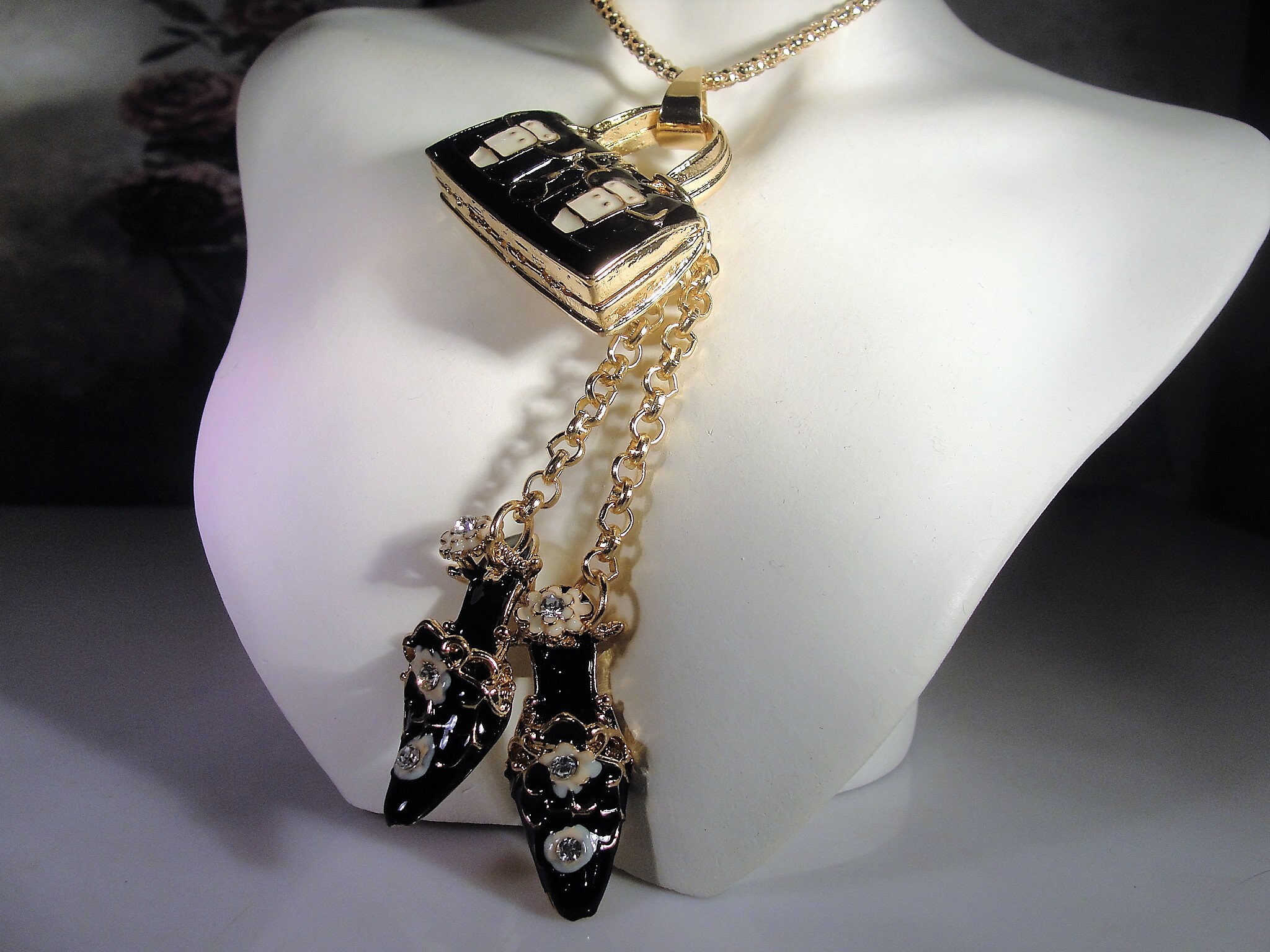 Purse and Shoe Charm Necklace, Vintage Black Enamel and Rhinestone