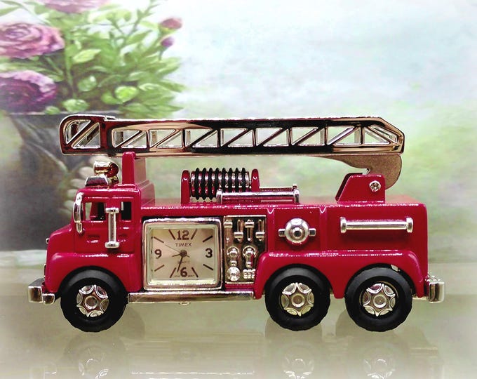 Vintage TIMEX Miniature Diecast Red Ladder Firetruck Quartz Clock - Table Clock - Replica