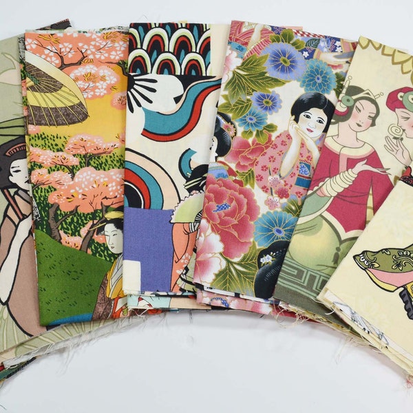 7 Kawaii faces Asian fq bundle fabrics fat quarters Japanese art Anime and Manga style characters in Kimono