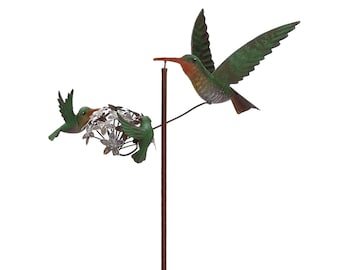 Hummingbird Bird Families Rustic Balancing Kinetic Spinning Metal Garden Stakes
