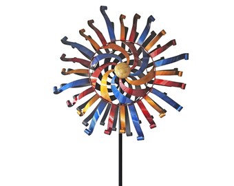 Red, Blue and Gold Kinetic Wind Spinner Metal Sculpture Yard Art Outdoor Garden Stakes