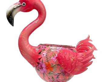 Tall Flamingo Floral Patterned Planter Flower Pot Outdoor Yard Art Metal Bird Sculpture