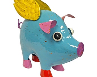 Colorful Metal Blue Flying Pig Statues Patio Space and Garden Decorations