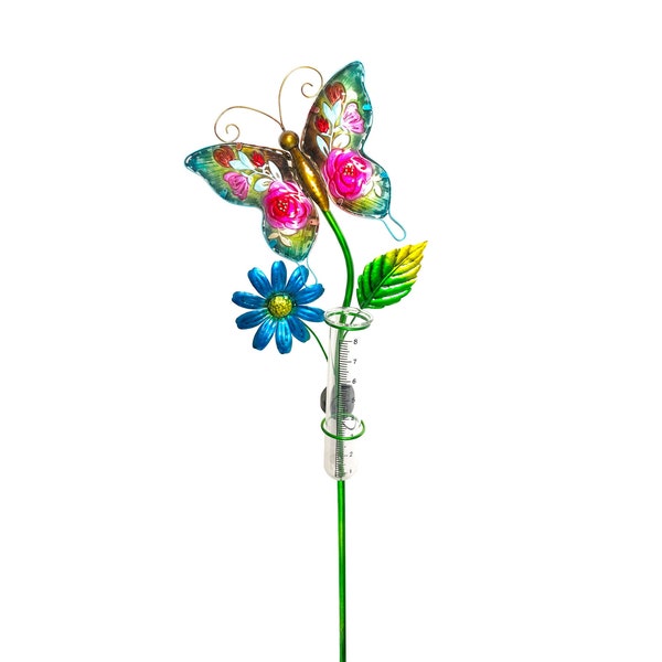 Glass and Metal Garden Stakes With Rain Gauge