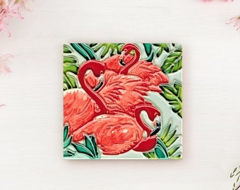 4"x4" Flamingo Coaster Drink Holder Ceramic Art Tiles, Decorative Table Accent
